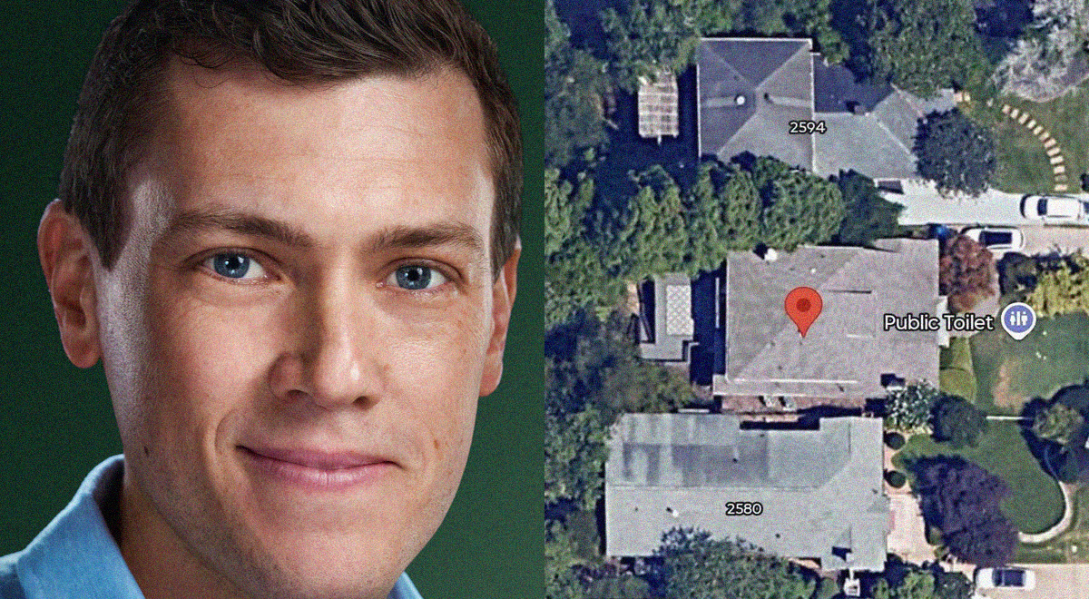 A collage Flock CEO's portrait and house on Google Maps.