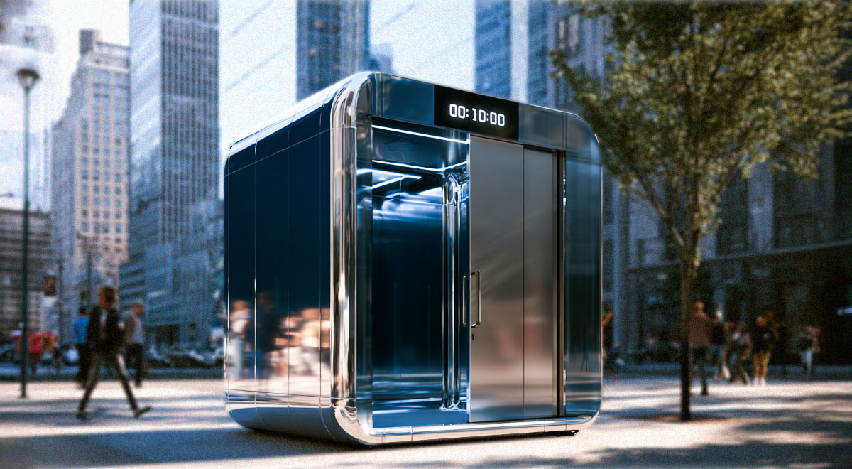 A NYC futuristic modular toilet, with a 10 minute time warning.