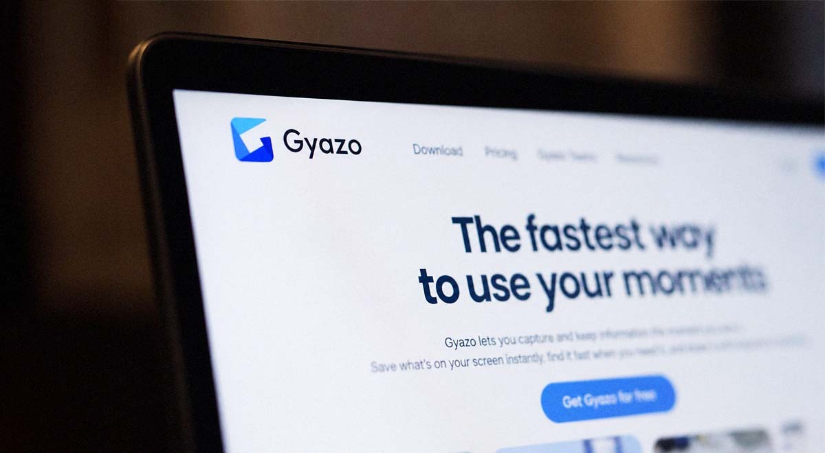 Gyazo logo visible on a laptop screen, via open tab, on the company's website.