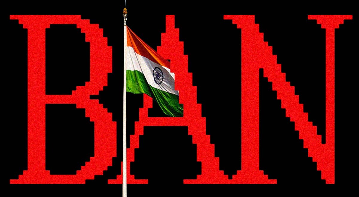 A word "BAN" in red letters and an Indian flag