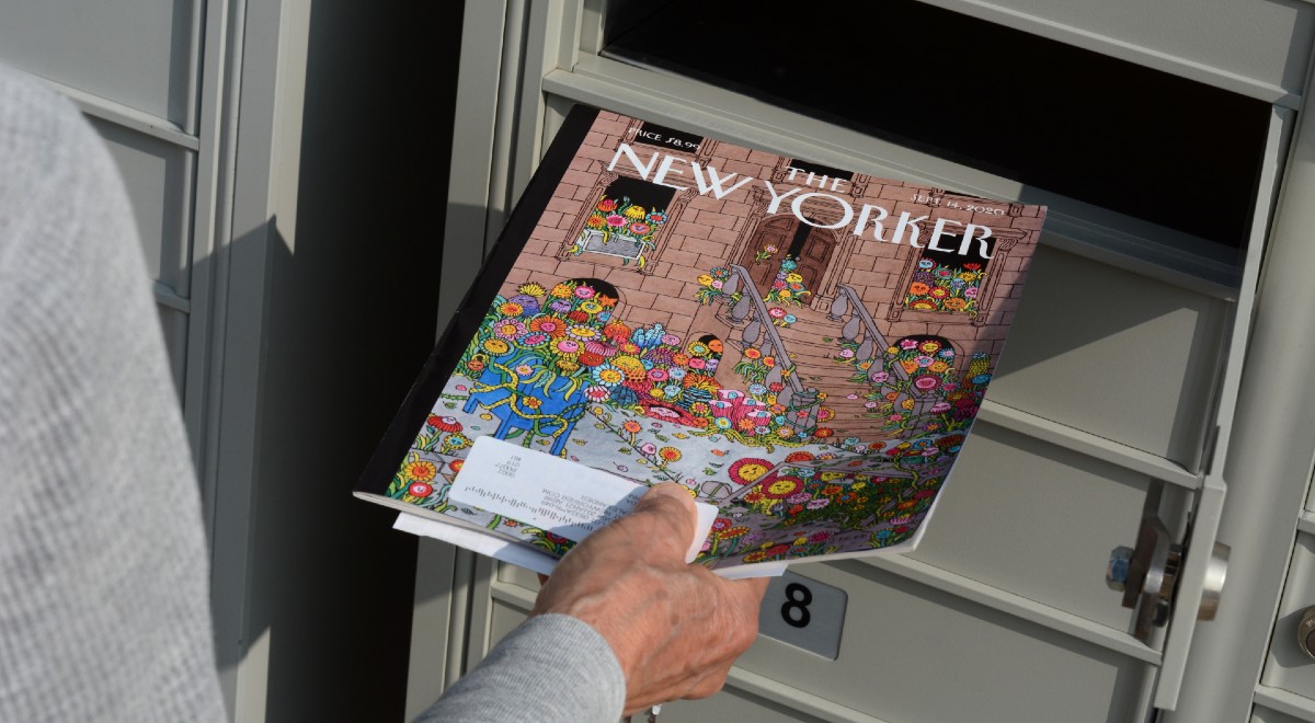 Person holding New Yorker magazine near mailbox