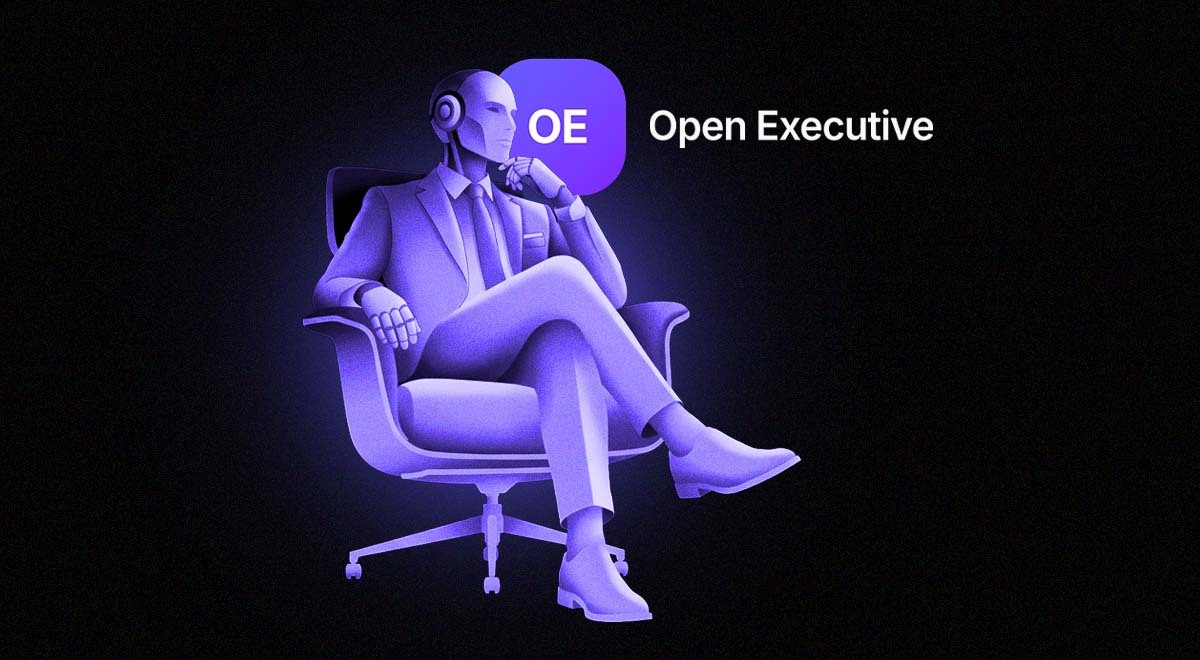 A robot in suit is sitting on a chair, the words "Open Executive"