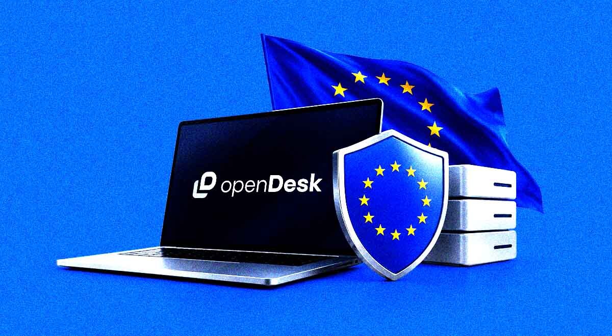 A laptop with a productivity suite, openDesk, the European Union flag
