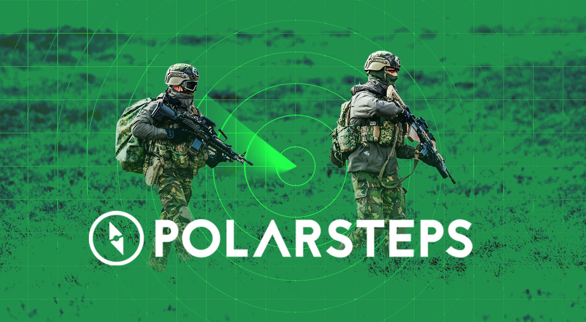 The logo of the Polarsteps app, two armed soldiers walking in the green background