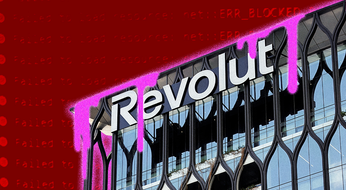 Building with Revolut logo in a red background and dripping pink paint.