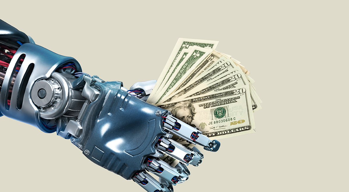 robot hand holding dollar bills