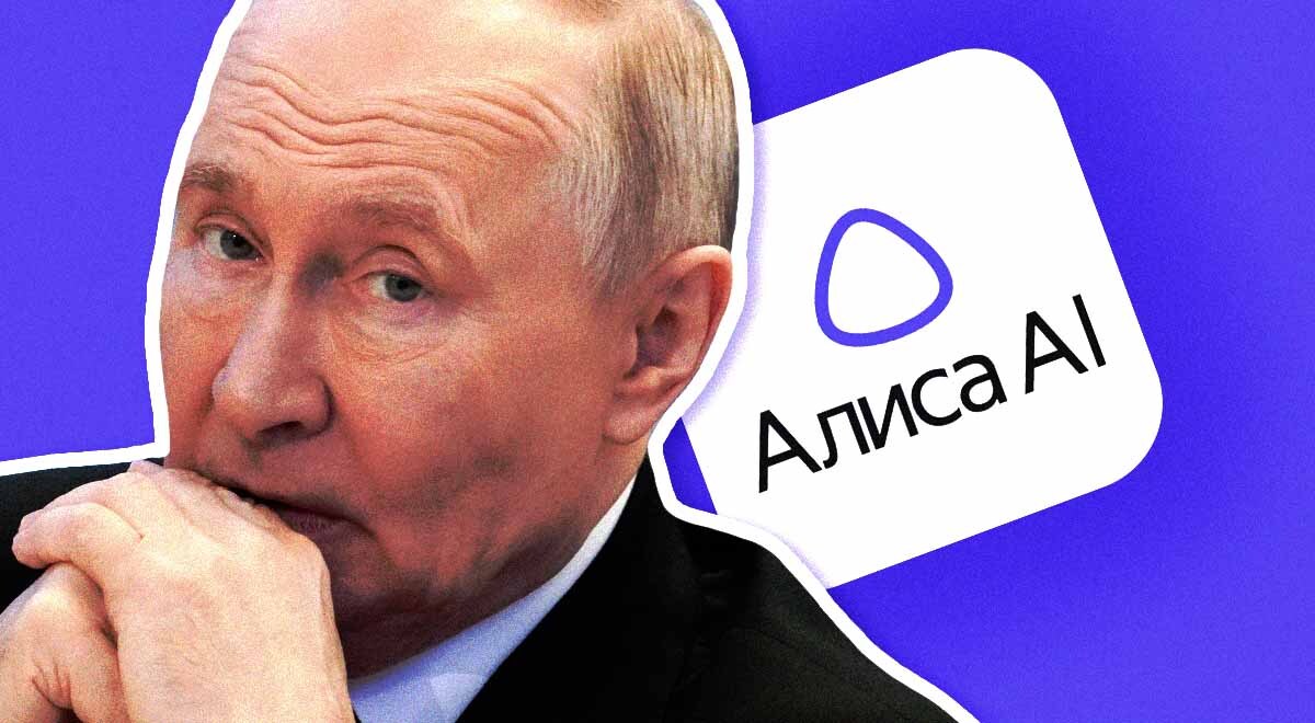 Russia's president Vladimir Putin, the logo of  Alice AI