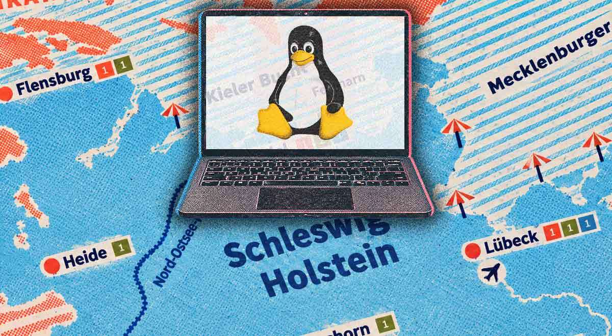 A laptop with Linux logo, a map of Schleswig-Holstein