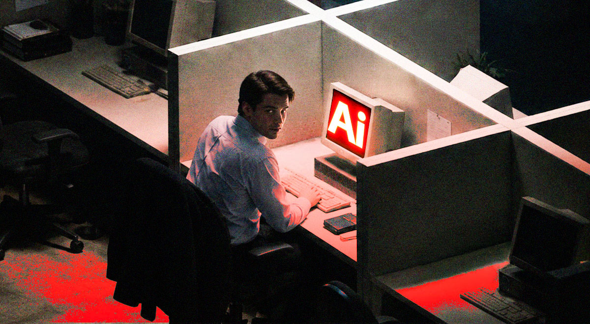 Man sitting in front of PC saying "AI", and looking back, mischief in his face, in dark office
