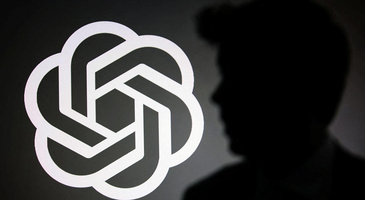 The silhouette of Sam Altman and OpenAI logo
