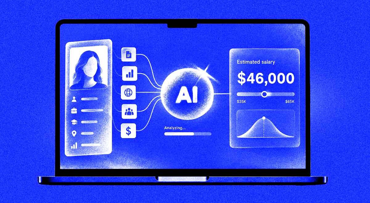 A person's social media profile, letters "AI", a graph showing an estimated salary of $46,000