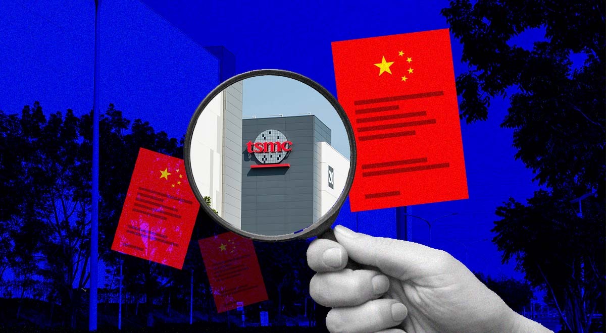Chinese flags surrounding the Taiwanese Semiconductor Manufacturing Company. Image by Cybernews.