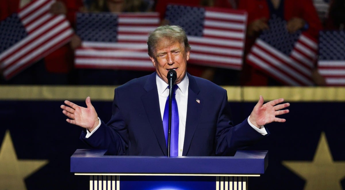 US President Donald Trump speaks on stage at the 2026 Republican National Convention