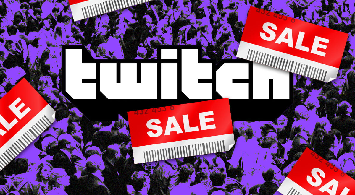Twitch logo with people in the background and sign sale