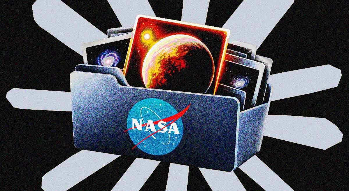File cabinet labeled NASA, with pictured of Planets, against a backdrop of Claude.