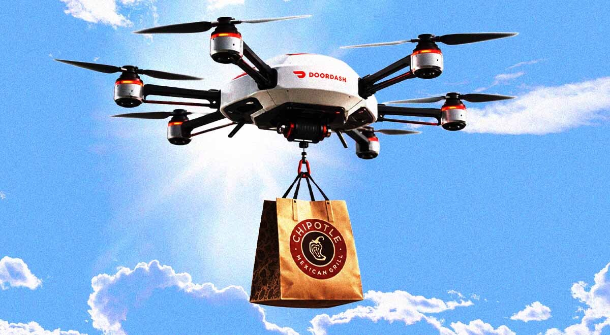 A DoorDash drone with a Chipotle delivery bag.