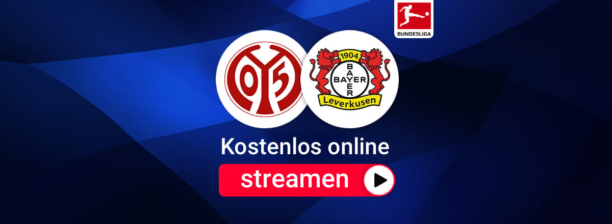 Vereinswappen von Mainz 05 und Bayer 04 Leverkusen vor blauem Hintergrund
