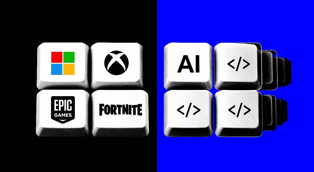 Split-screen of Microsoft and Epic Games' organic efforts and that of AI.