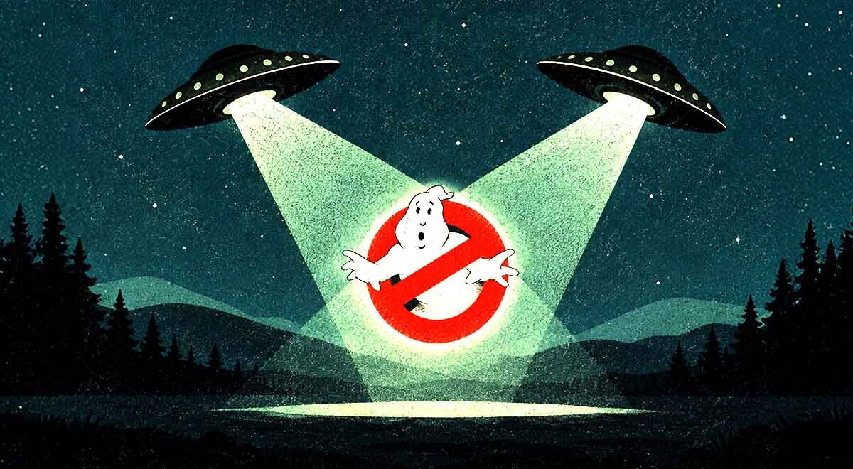 Two UFOs beaming down the ghostbusters logo.