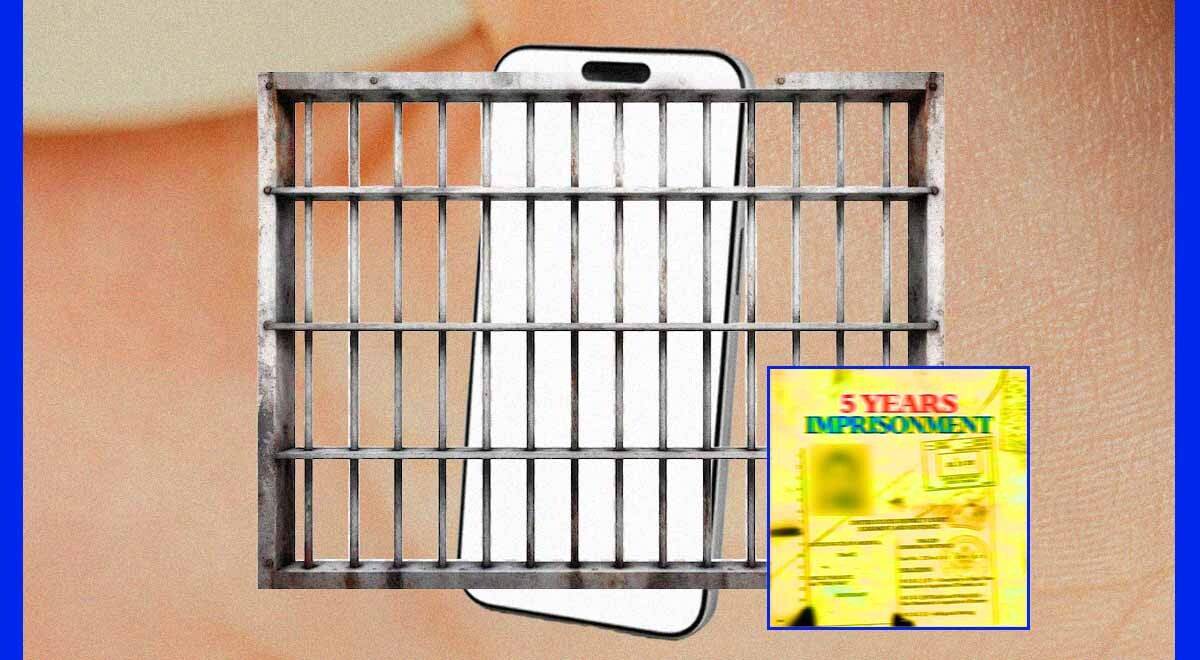 A smartphone behind prison bars, with a 5 years imprisonment document.