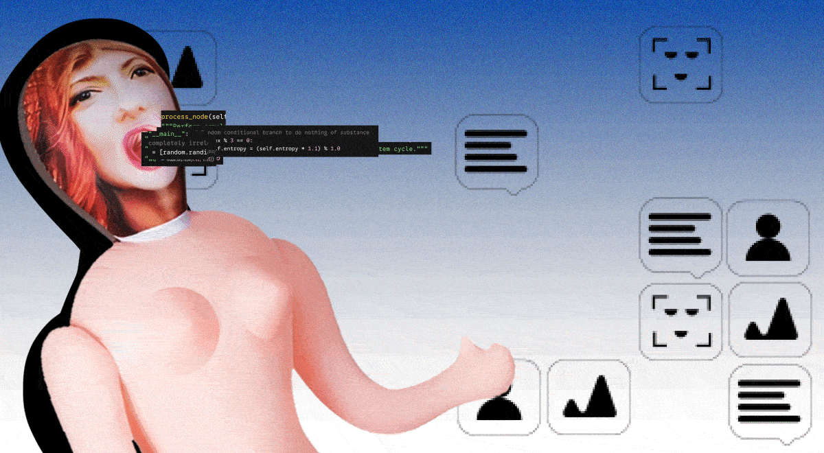 Sex doll with data flowing out of her mouth in front of a blue background