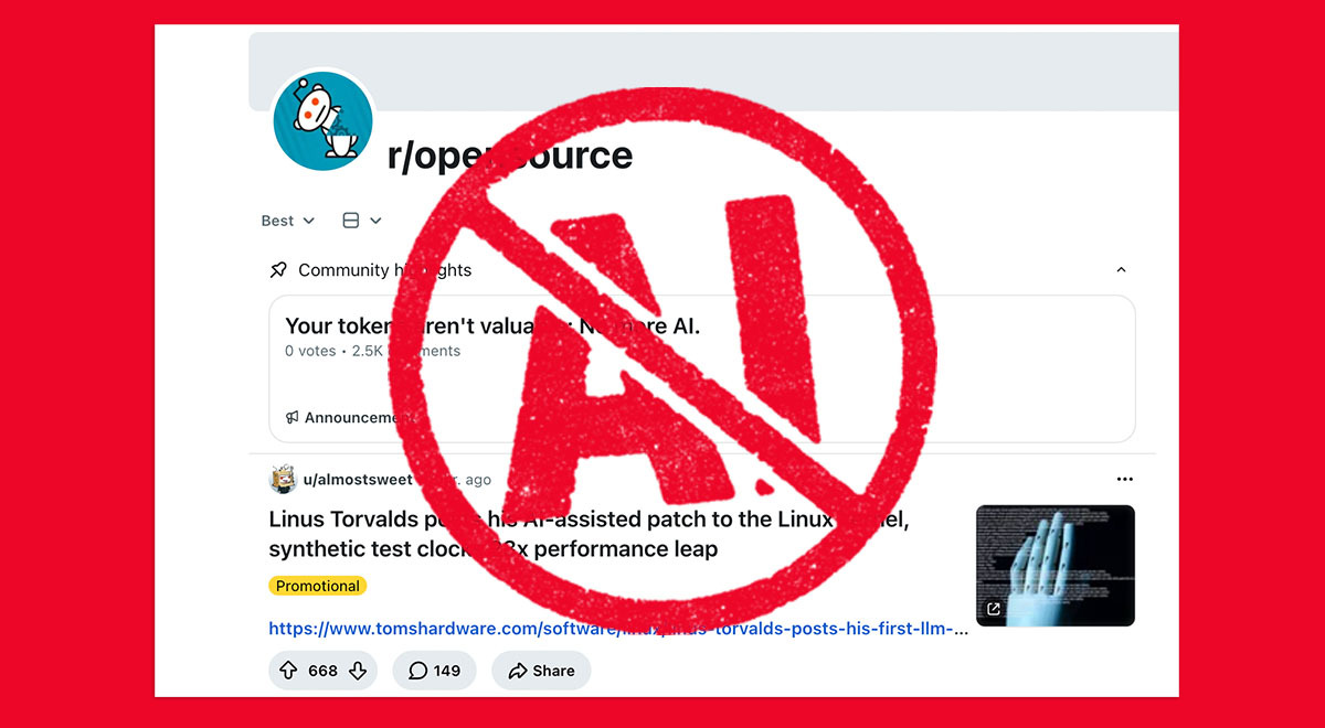 A "No AI" stamp on a Reddit open source forum.