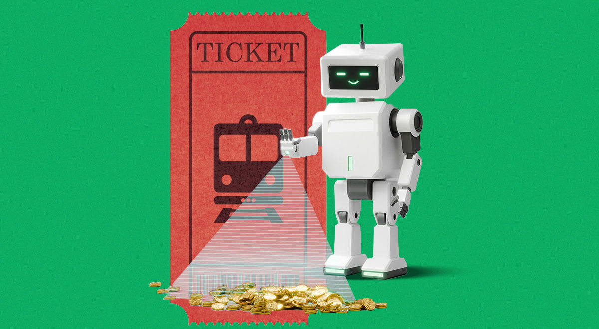 AI lighting pile of money with a train ticket in the background