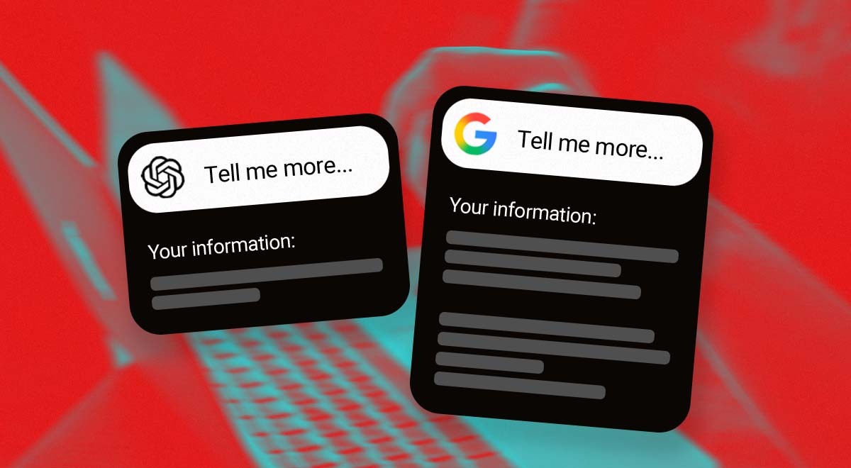 Two phone screens with AI search and Google search modes, each saying "Tell me more."