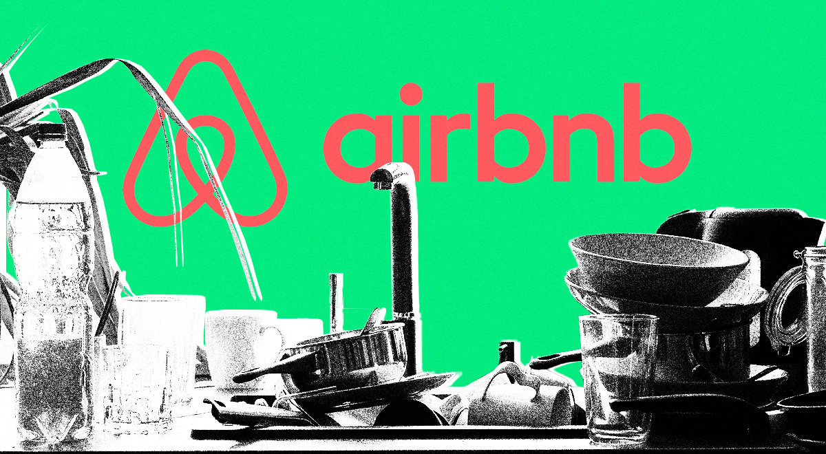The Airbnb logo next to dirty dishes.