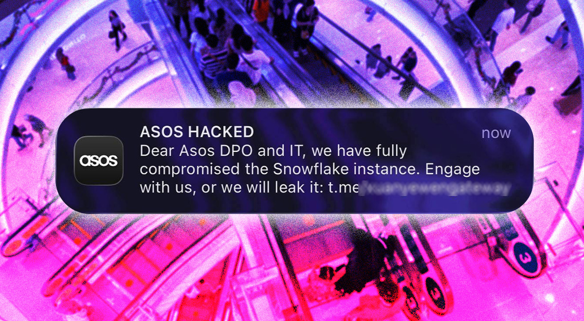 Hacker message to Asos customers via app with a background of people.