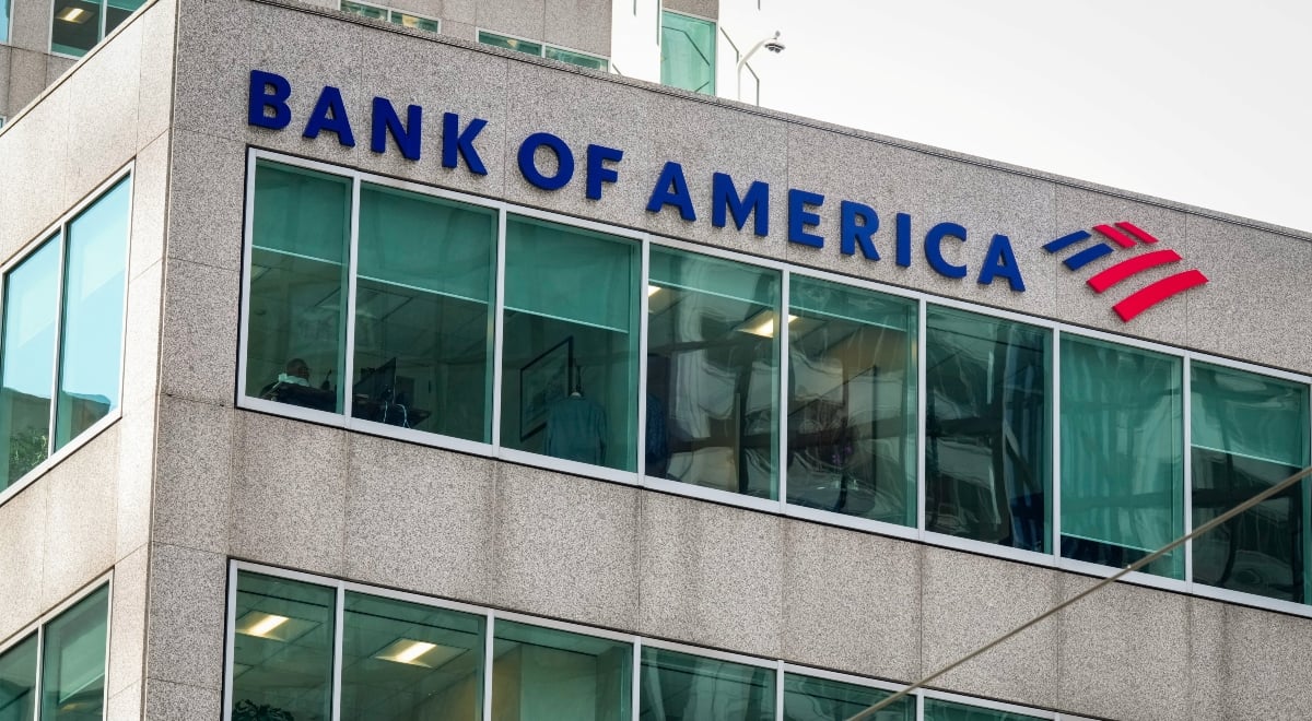 Bank of America's logo adorns the facade of its office in downtown Toronto, Ontario, Canada