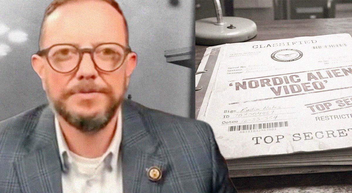 Congressman Eric Burlison next to UFO disclosure files.