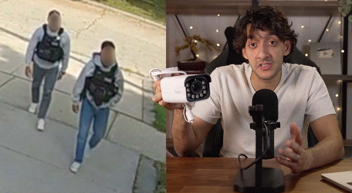 Youtuber holding Flock camera and image of police men approaching