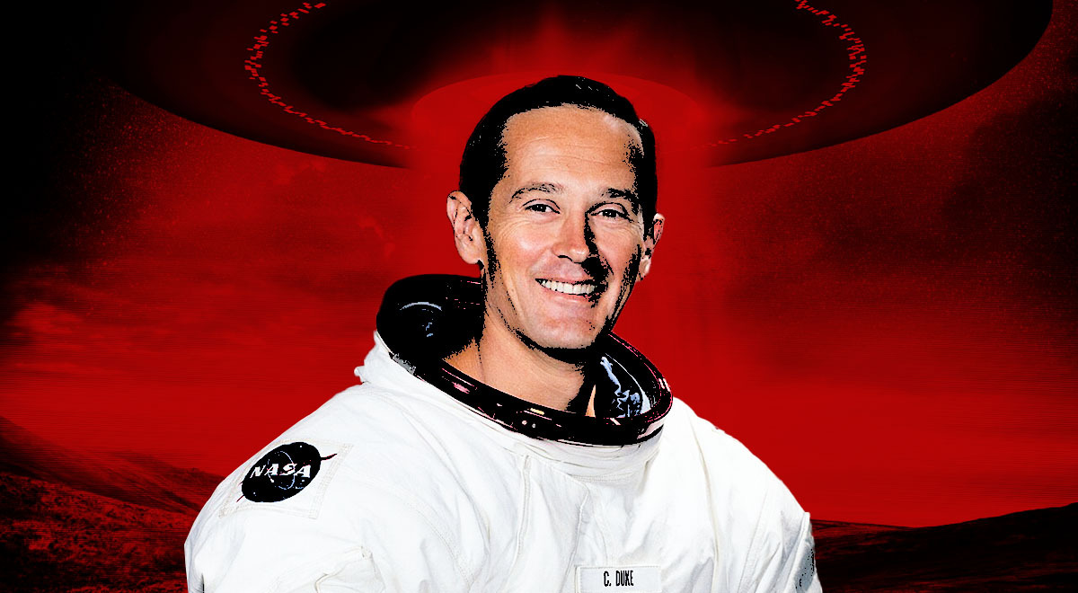 Former NASA astronaut Charlie Duke, with a celestial light glowing from a UFO.