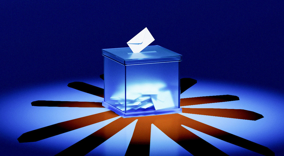 A ballot being dropped into a ballot box, Claude logo.