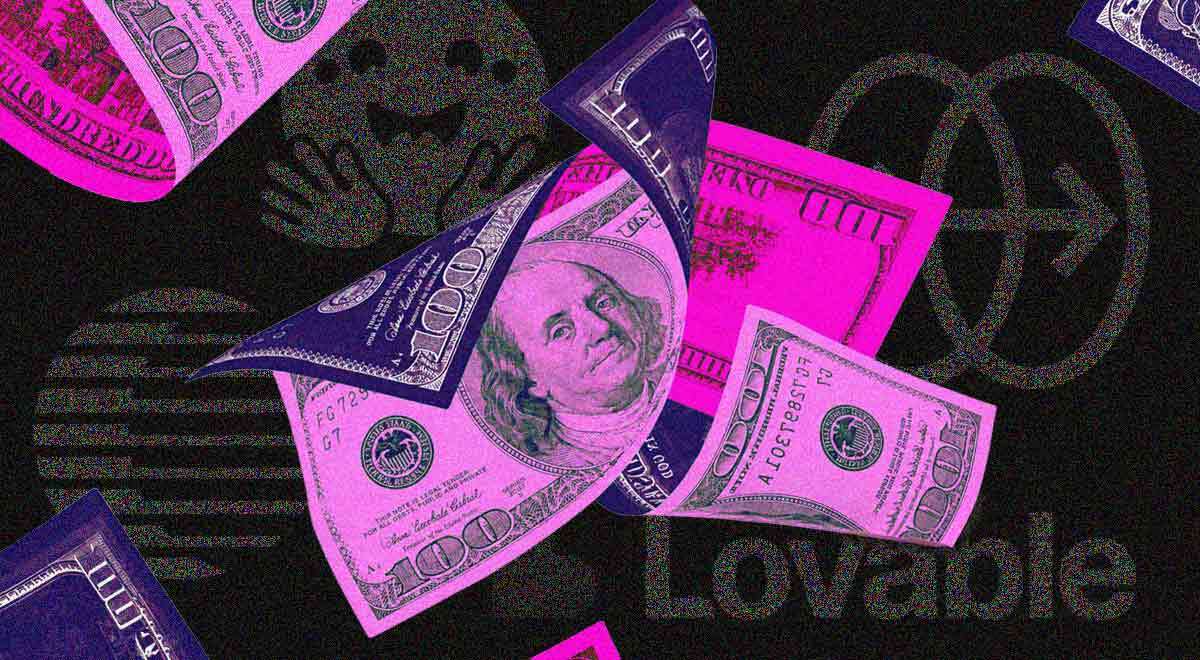 American dollars, the logos of European AI apps Hugging Face, Lovable, Reface, and Zeely
