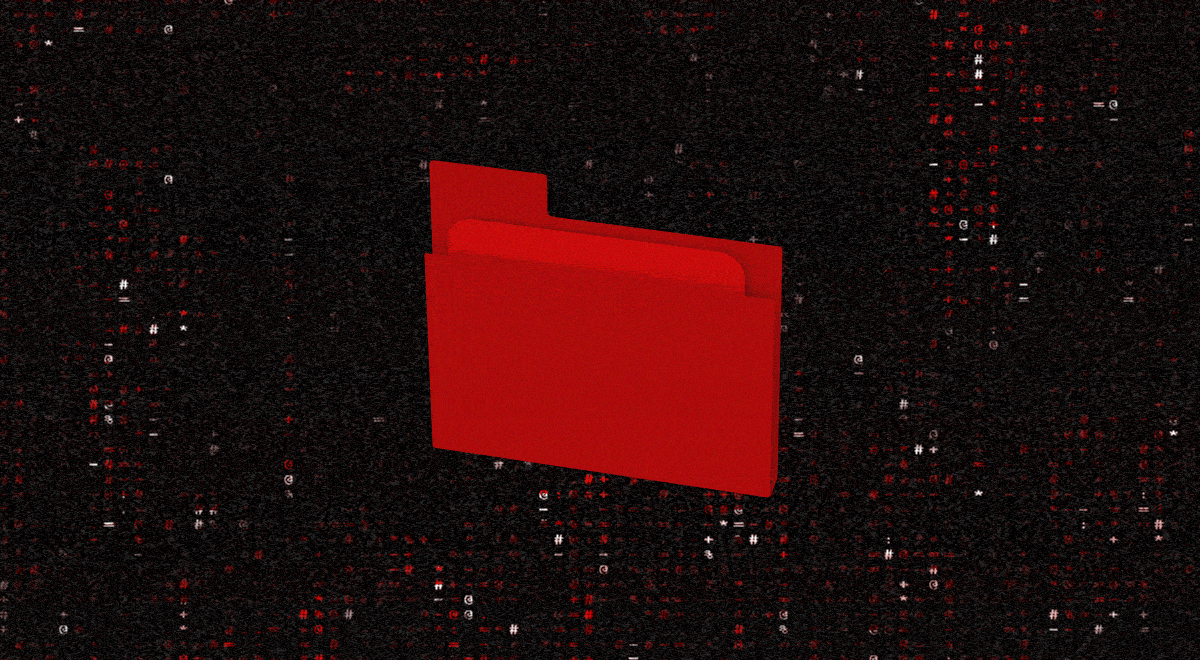 A red folder over a bakcground of blinking ones and zeroes.