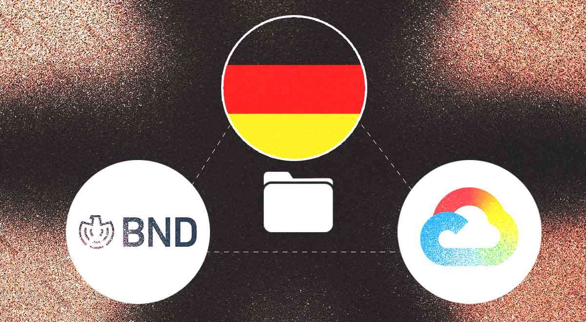 The logo of German intelligence agency, German flag, the logo of Google Cloud