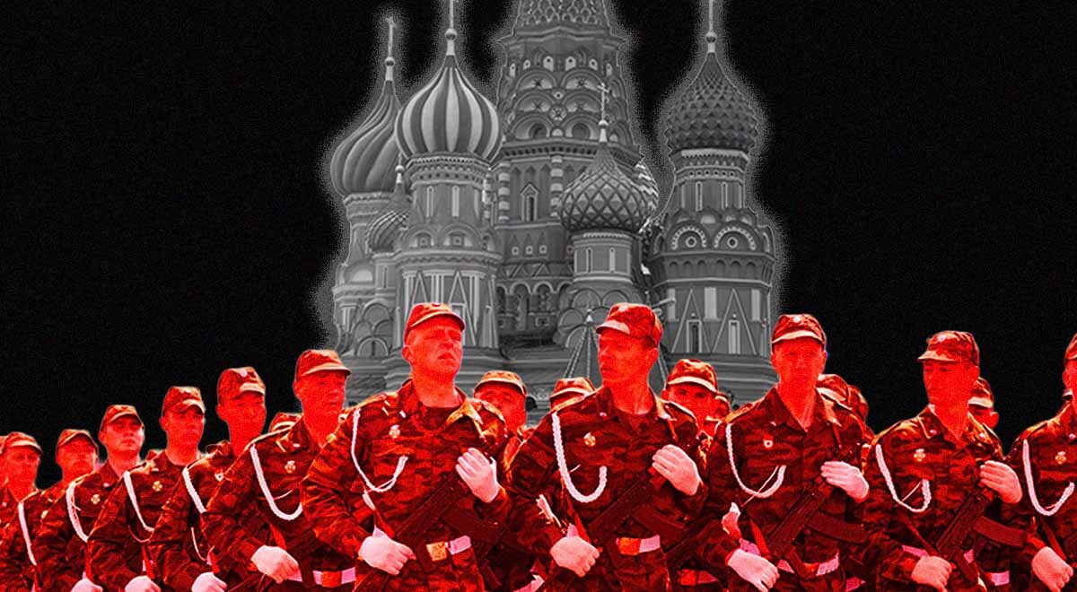 troops marching in front of the Kremlin in Moscow, Russia