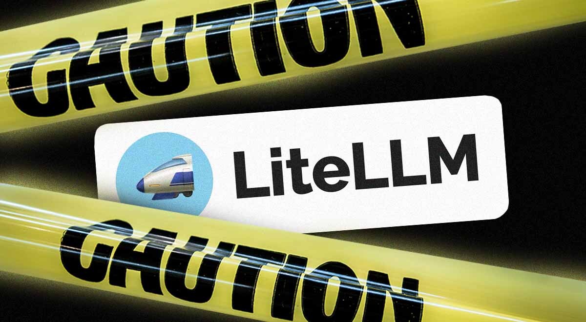 A warning tape with the word "Caution" on it, LiteLLM logo.