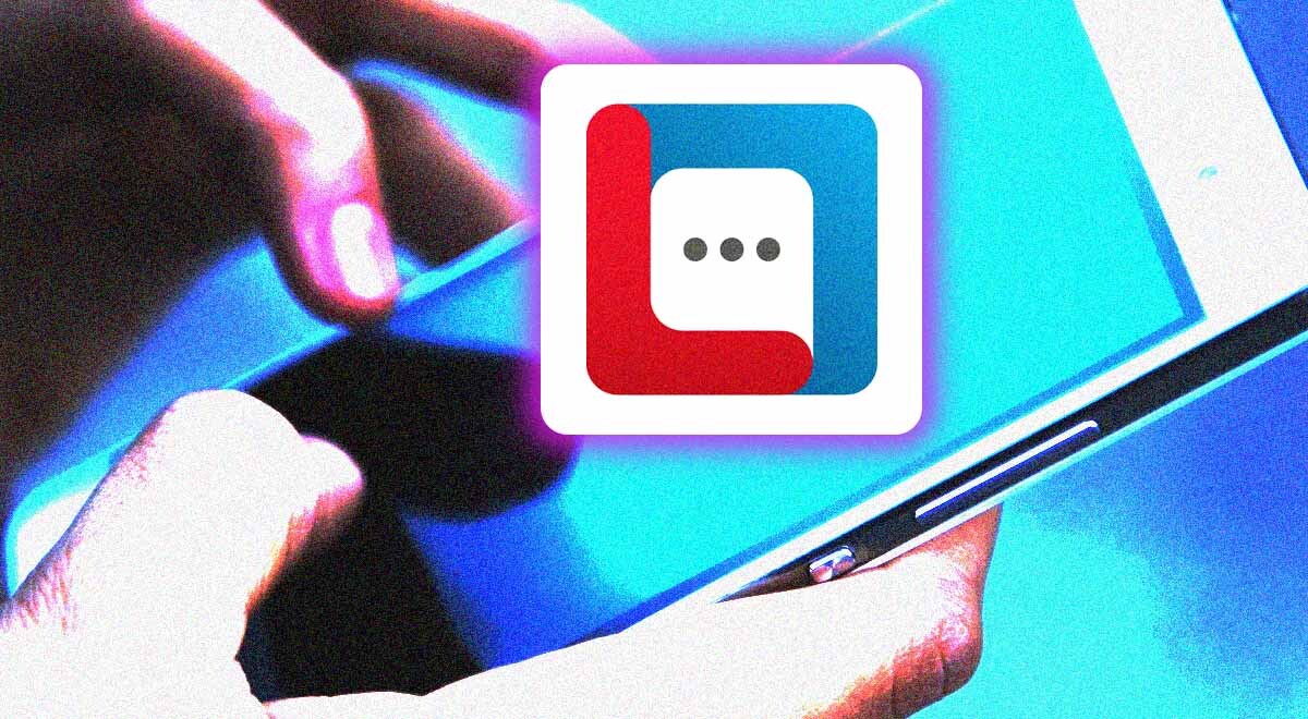 The logo of Luxchat, hands holding a smartphone