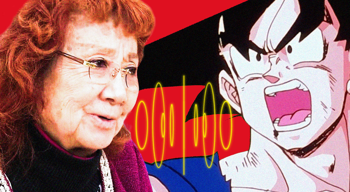 Voice actor Masako Nozawa alongside Dragon Ball character Goku.