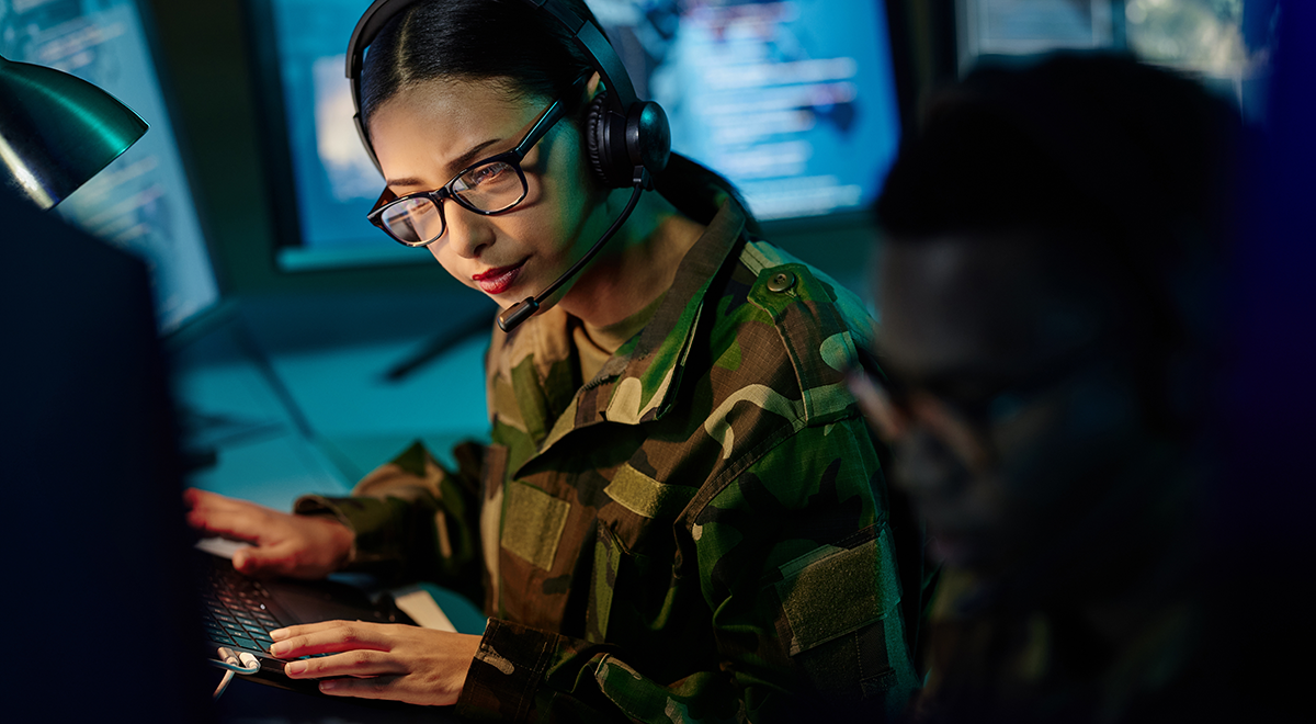 Military control room team, headset and woman with computer and tech for communication