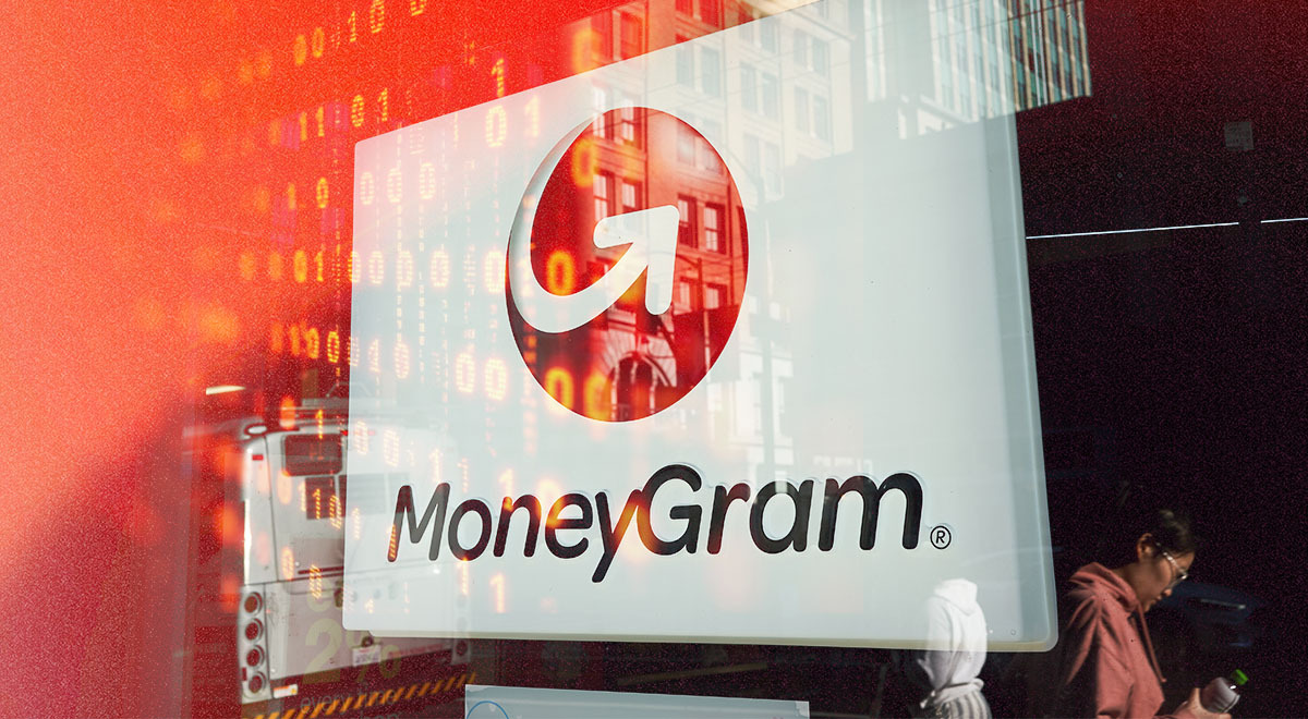 MoneyGram logo in the red background with binary code snippets.