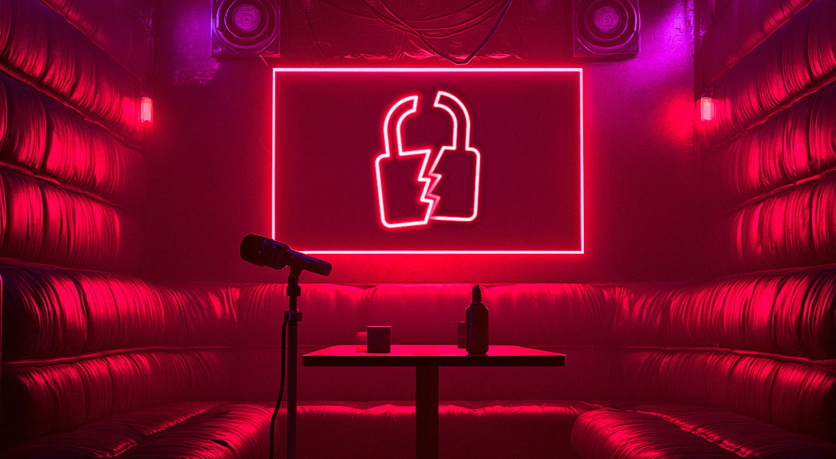 A neon Karaoke room, with a broken padlock on the TV screen.