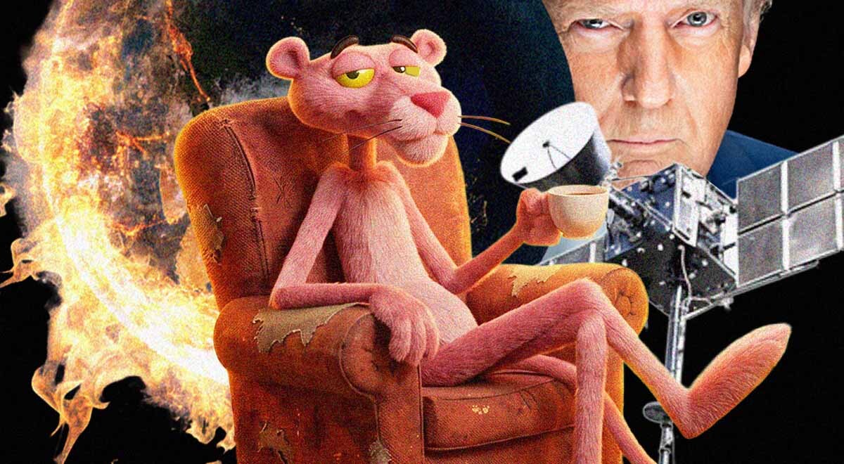 Pink Panther smirks in armchair as world burns, Starlink hovers, and Trump stares ahead