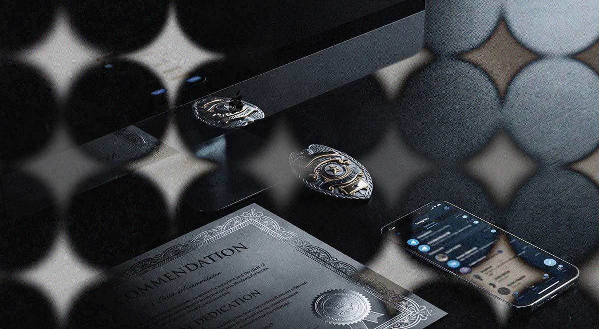 A police badge, commendation, and surreptitious Telegram activity.