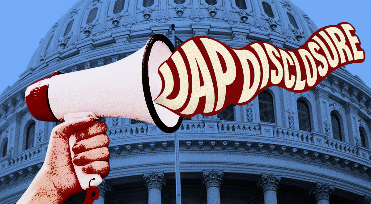 A megaphone sounding off "UAP disclosure" in Washington DC.