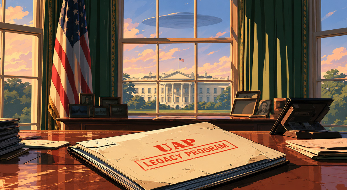 A UAP Legacy Program folder on the White House Desk, while a UFO emerges outside.