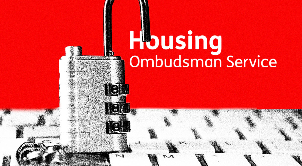 UK Housing Ombudsman logo with a lock and a keyboard in the background